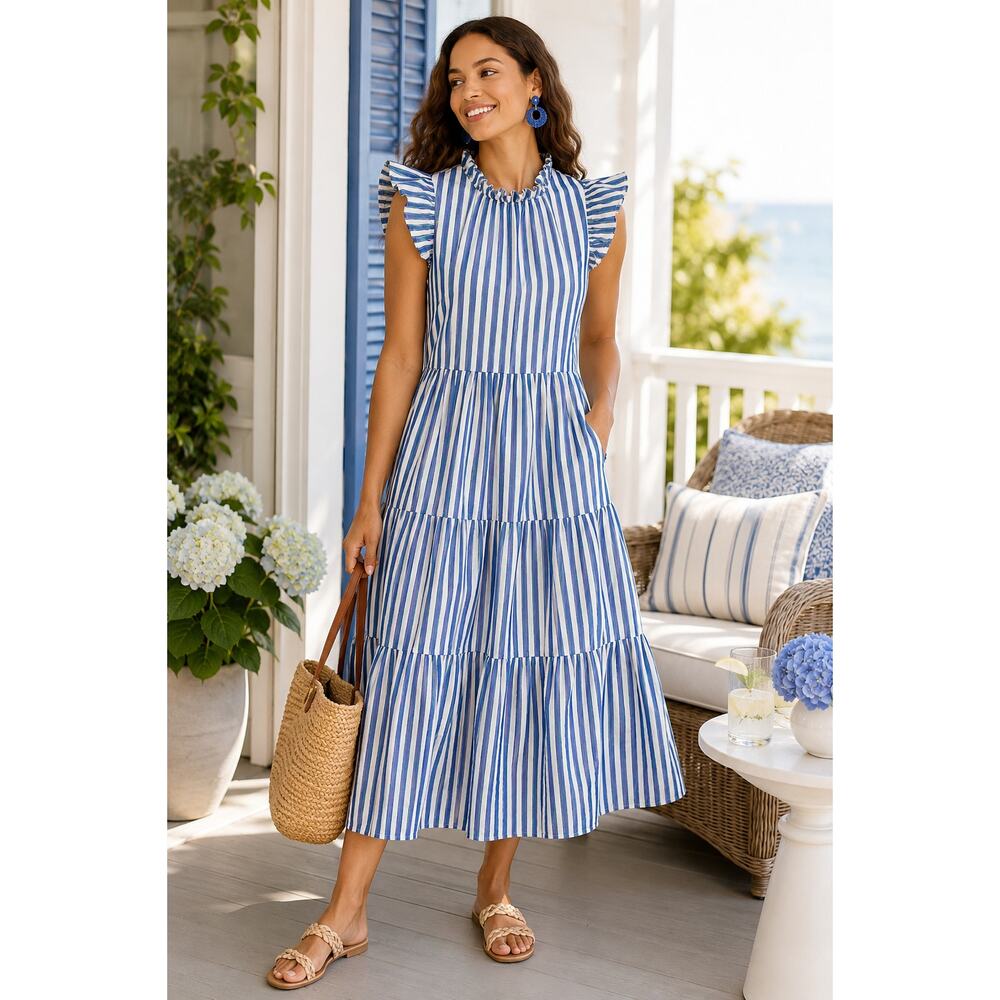 J.Crew Blue White Striped Tiered Midi Dress XS Coastal Summer